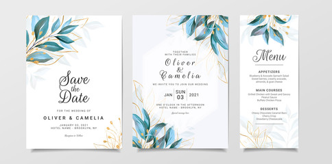 Fototapeta na wymiar Greenery wedding invitation card template set with watercolor leaves and gold glitter. Floral illustration for background, save the date, invitation, greeting card, poster