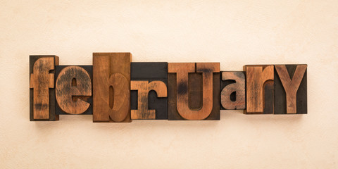 February, word written with vintage letterpress printing blocks on textured background
