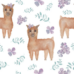 Cute realistic alpaca seamless pattern. Hand drawn. Watercolor brown alpaca with hydrangea flowers. Isolated on white background. Trendy. Clip art. Cartoon. Funny character of African animal.