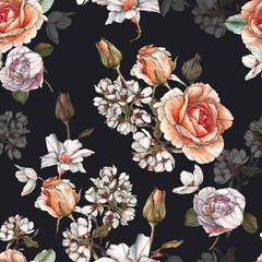Floral seamless pattern with watercolor roses, cherry blossom and peonies. - 306019706