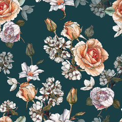Floral seamless pattern with watercolor roses, cherry blossom and peonies.