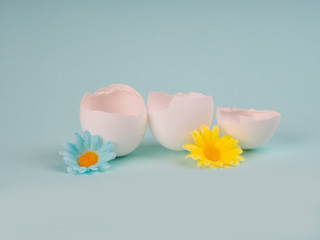 three broken eggs, shell, chicken and flowers Easter concert. broken egg flowers Easter. Bunch flowers in eggs shell on the blue. Shallow depth of field, focus on near flowers. Easter concept