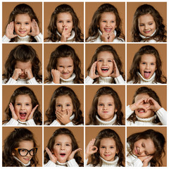 collage of portraits of little girl with different happy, sad and angry emotions on beige background