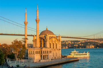Fototapeta na wymiar Istanbul, Turkey, 17 October 2007: Ortakoy Mosque, Bosphorus Bridge and Ship, Ortakoy, Besiktas.