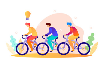 Several people ride a bike. Teamwork. Modern vector illustration.