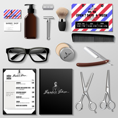 Vector barbershop corporate identity template design set. Branding mock up.