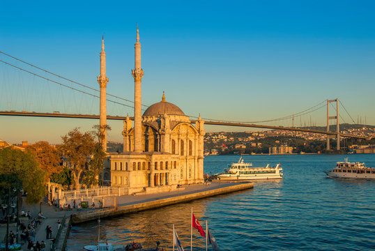Istanbul, Turkey, 17 October 2007: Ortakoy Mosque, Bosphorus Bridge and Ships, Ortakoy, Besiktas.