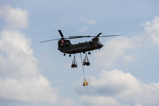 BERLIN - APRIL 27, 2018:  Demonstration flight of transport helicopter Boeing CH-47 Chinook. Royal Air Force. Exhibition ILA Berlin Air Show 2018