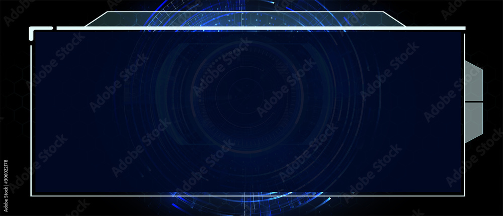 Poster control panel or hud interface. vector illustration. dark spaceship interior with large window view 