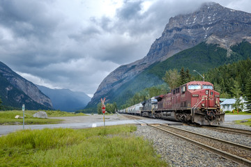 Fototapeta na wymiar Freight train in the Rocky Mountains