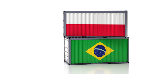 Two freight container with Poland and Brazil flag. Isolated on white - 3D Rendering