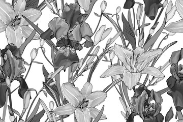 Black and white floral seamless pattern with irises, lilies, leaves on white. Hand drawn. For your design, prints, textile, web pages. Realistic style. Vintage. Vector stock illustration.