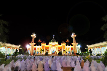 Pattani, Thailand -4 July 2017: Muslim women praying together in Ramadan in a mosque, Thailand