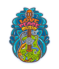 Acoustic stylized guitar from the time of Woodstock. Hippie style concept in retro colors for banner, card, t-shirt, bag, print, poster. Vector illustration. Pacifism pattern