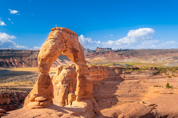 Delicate Arch, iconic freestanding natural arch, Arches National Park, adjacent to the Colorado...