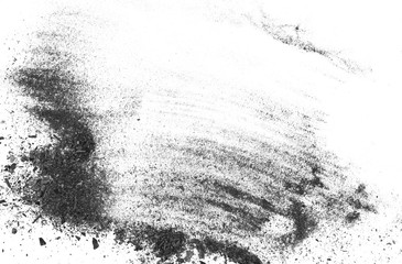 Obraz premium Black charcoal dust explosion, gunpowder isolated on white background and texture, top view