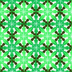 Seamless geometric winter pattern with big dark green and light green snowflakes on a white background