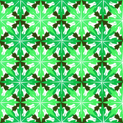 Fototapeta premium Seamless geometric winter pattern with big dark green and light green snowflakes on a white background