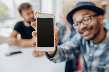 Black guy advertising new smartphone app