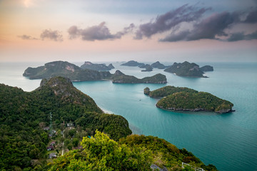 Fototapeta premium Sunrise Bottle Beach on Phangan Island Thailand Nature Coastline. Asian Exotic Tourist Seashore City, Jungle Forest and Climbs. Wonderful View from Hill on Sea. Bright Panoramic Photography
