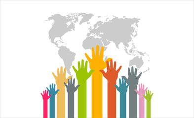 Planet poster.colorful hands up with white background. vector