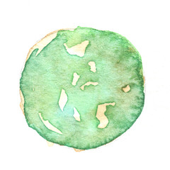 close up of a green and yellow watercolor stain on a white background