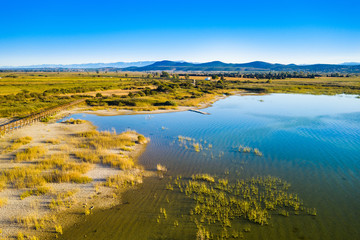 Beautiful nature park Vrana lake (Vransko jezero), Dalmatia, Croatia, aerial of lake shore