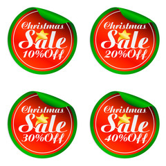 Christmas red,green sale stickers set 10%, 20%, 30%, 40% off.Vector illustration