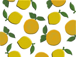 Illustration with lemons and oranges on the white background.Great for restaurant menu backdrop, healthy food concept, juice bar illustration. Vegetarian colorful texture. Great summer tile.
