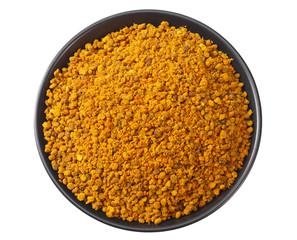 Honey bee pollen in a black plate isolated on white background. top view