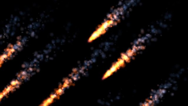 Abstract black background whith diagonally falling fires. Shels or shooting comets animation.