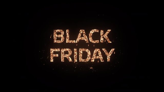 Black Friday greeting text with particles and sparks isolated on black background, beautiful typography magic design.