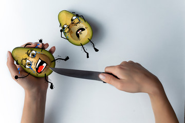 avocado cartoon illustration, cut avocado and cute faces, drawing