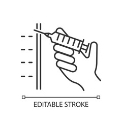 Injection linear icon. Syringe. Immunization. Medical procedure. Disease prevention. Cosmetical filler. Thin line illustration. Contour symbol. Vector isolated outline drawing. Editable stroke