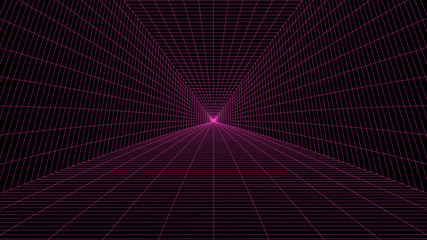 Vector perspective grid. Vortex. Curved abstract tunnel. Detailed lines on black background. - obrazy, fototapety, plakaty