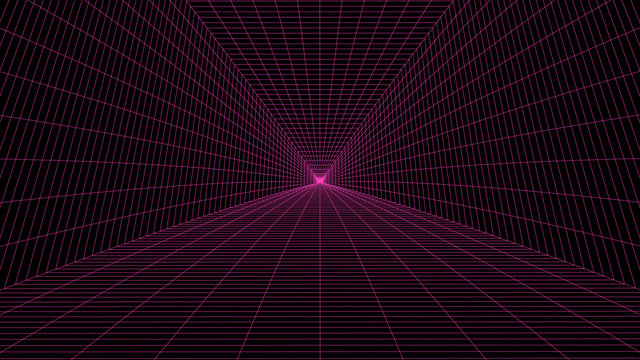 Vector perspective grid. Vortex. Curved abstract tunnel. Detailed lines on black background.