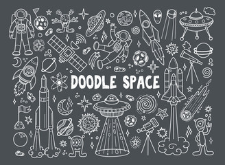 Hand drawn doodles cartoon set of space objects and symbols. Doodle vector elements on gray background. Vector illustration.