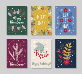 Naklejka premium Set of Christmas and winter holidays greeting cards with floral hand drawn elements. Color background.