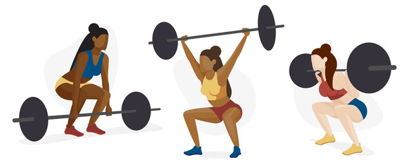 Female Weight Lifter Character Set, Strength Training, Body Building, Diversity Concept