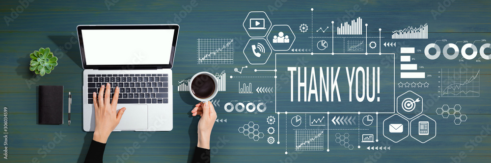 Sticker thank you message with person using a laptop computer