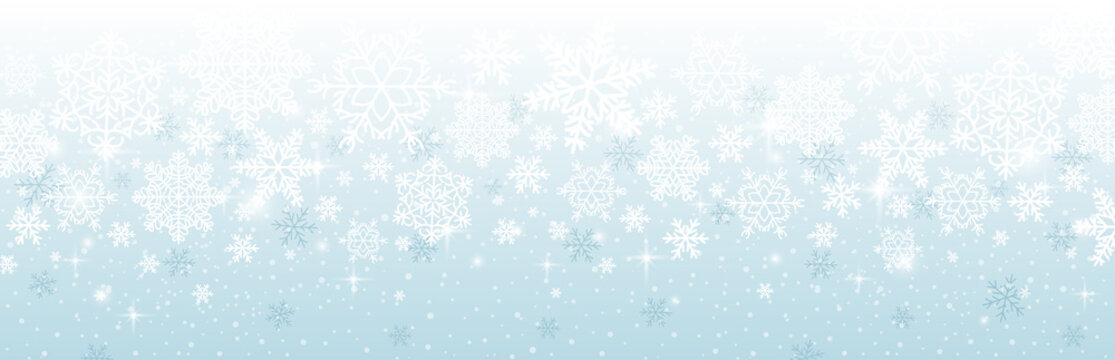 Blue christmas banner with snowflakes. Merry Christmas and Happy New Year greeting banner. Horizontal new year background, headers, posters, cards, website.Vector illustration