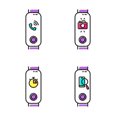 Fitness tracker and smartphone synchronization color icons set. Incoming call and lost phone location option. Distance camera access and stopwatch pictograms. Isolated vector illustrations