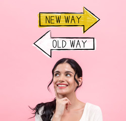 Old way or new way with young woman in thoughtful pose - obrazy, fototapety, plakaty
