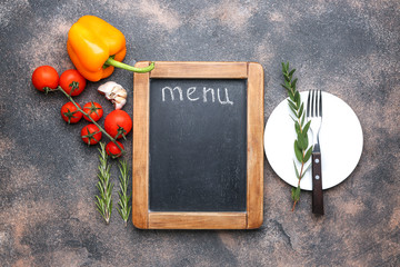 Blank menu and products on grunge background © Pixel-Shot
