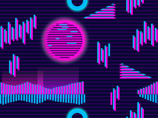 Cyberpunk seamless pattern. Retro futurism of the 80s. Neon round and linear light rays. Background synthwave. Vector illustration