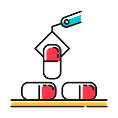 Pharmaceutical industry red color icon. Drug sector. Conveyor automatic pills production line at factory. Capsules manufacturing. Pharmacological products creation. Isolated vector illustration