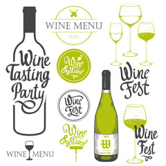 Vector illustration with labels, bottle, glass, corkscrewin sketch style. Alcoholic beverages set. Wine festival. Brush calligraphy elements for your design. Handwritten ink lettering.