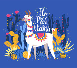 Illustration with llama and cactus plants. Vector pattern on botanical background. Greeting card with Alpaca. Composition on blue. © monamonash