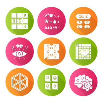 Puzzles and riddles flat design long shadow glyph icons set. Sudoku. Trivia quiz. Nonogram. Optical illusion. Jigsaw. Logic games. Mental exercise. Brain teaser. Vector silhouette illustration