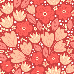 Floral seamless pattern with flowers and leaves on white. Botanical vector background . Natural bright design.